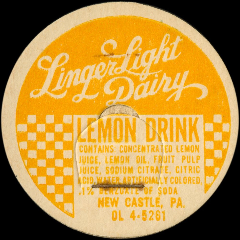 Lingerlight Dairy lemon drink cap from New Castle, Pennsylvania.