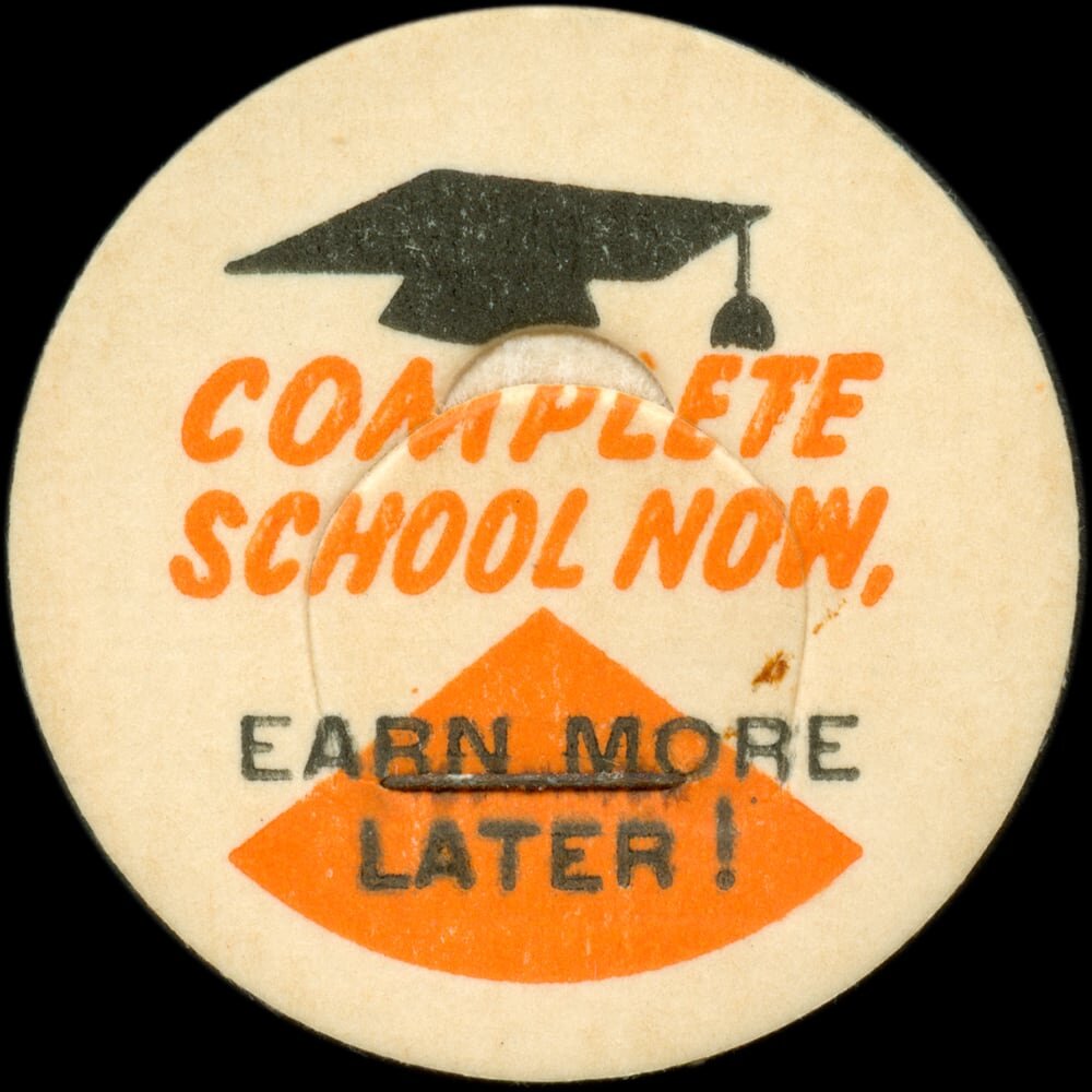 Vintage circular dairy cap with printed typographic milk advertising and a metal pull tab.
