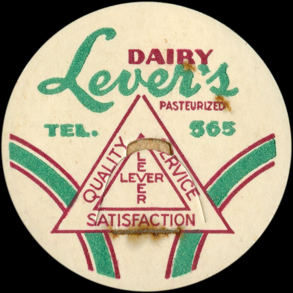 Lever’s Dairy pasteurized milk cap with triangle quality emblem.