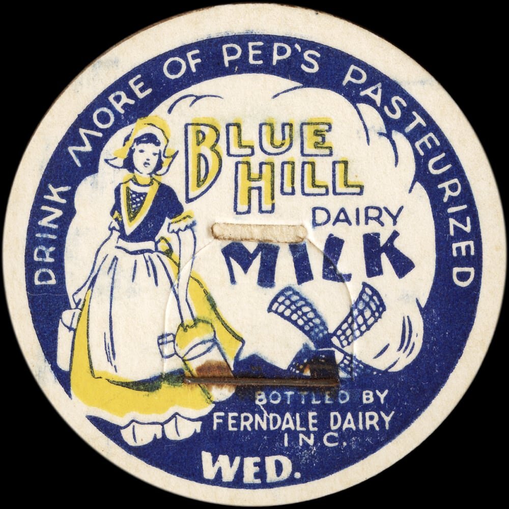 Blue Hill Dairy pasteurized milk cap from Ferndale Dairy, North Carolina.