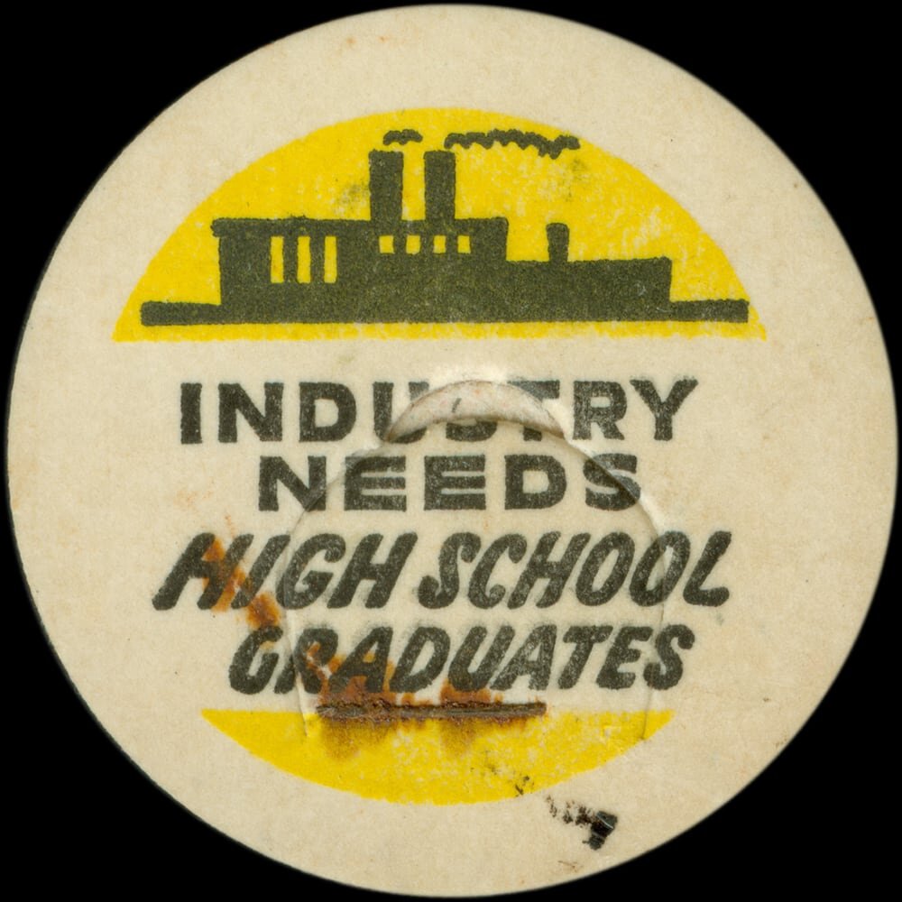 Vintage circular dairy cap with printed typographic milk advertising and a metal pull tab.