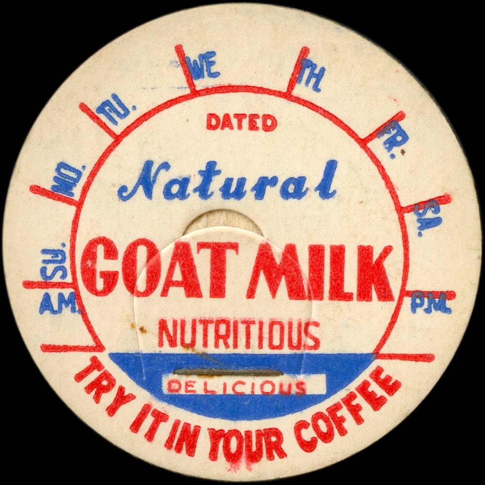 Vintage circular dairy cap with printed typographic milk advertising and a metal pull tab.