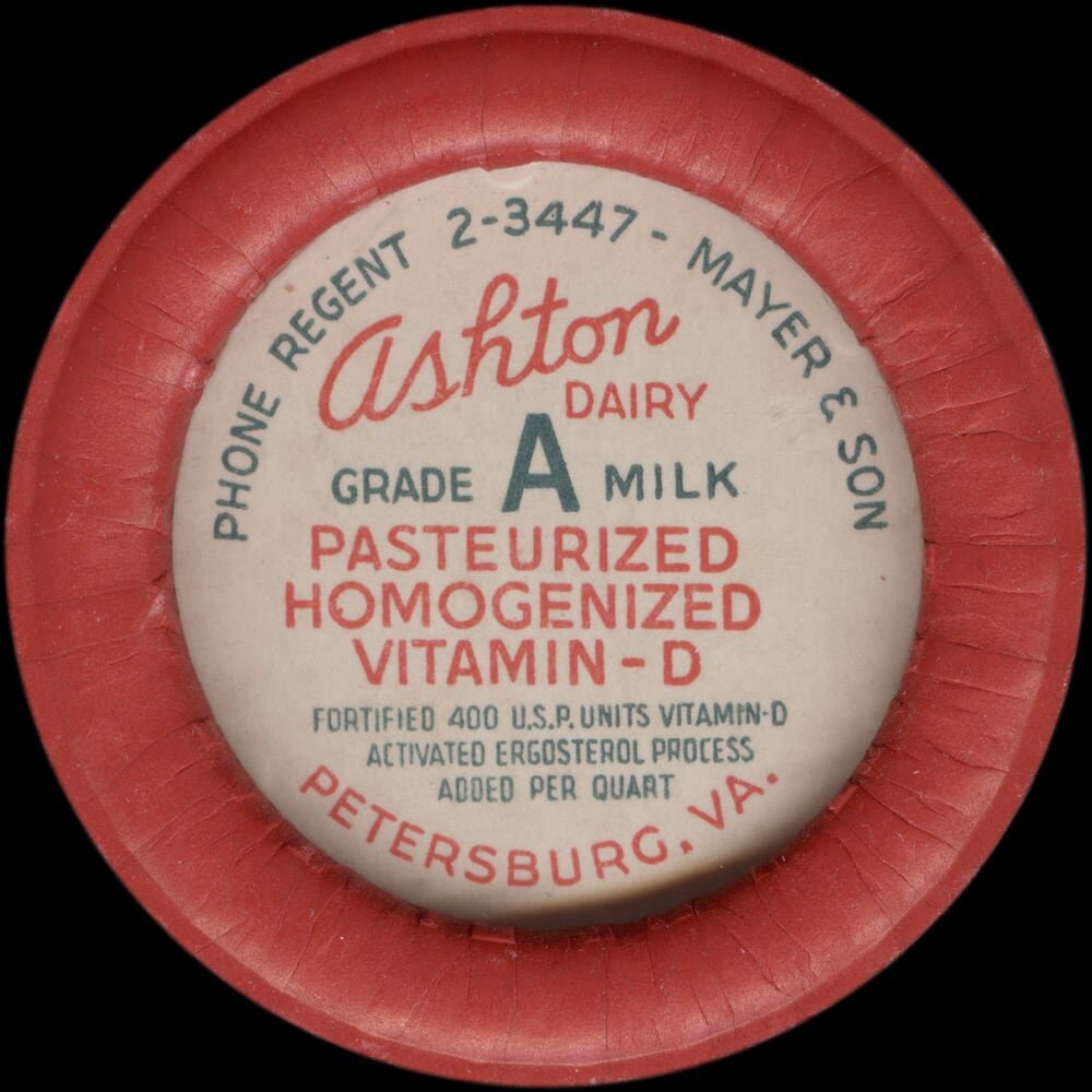 Ashton Dairy Grade A vitamin D homogenized milk cap from Petersburg, Virginia.