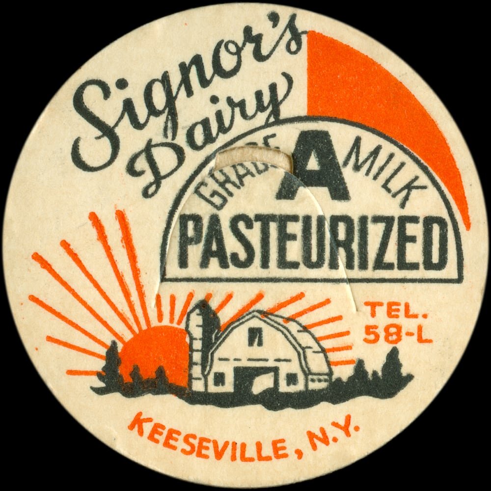 Signor’s Dairy Grade A pasteurized milk cap from Keeseville, New York.