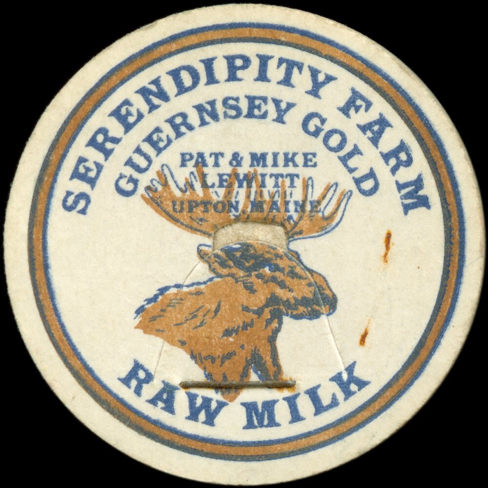 Serendipity Farm Guernsey goat raw milk cap with moose illustration.