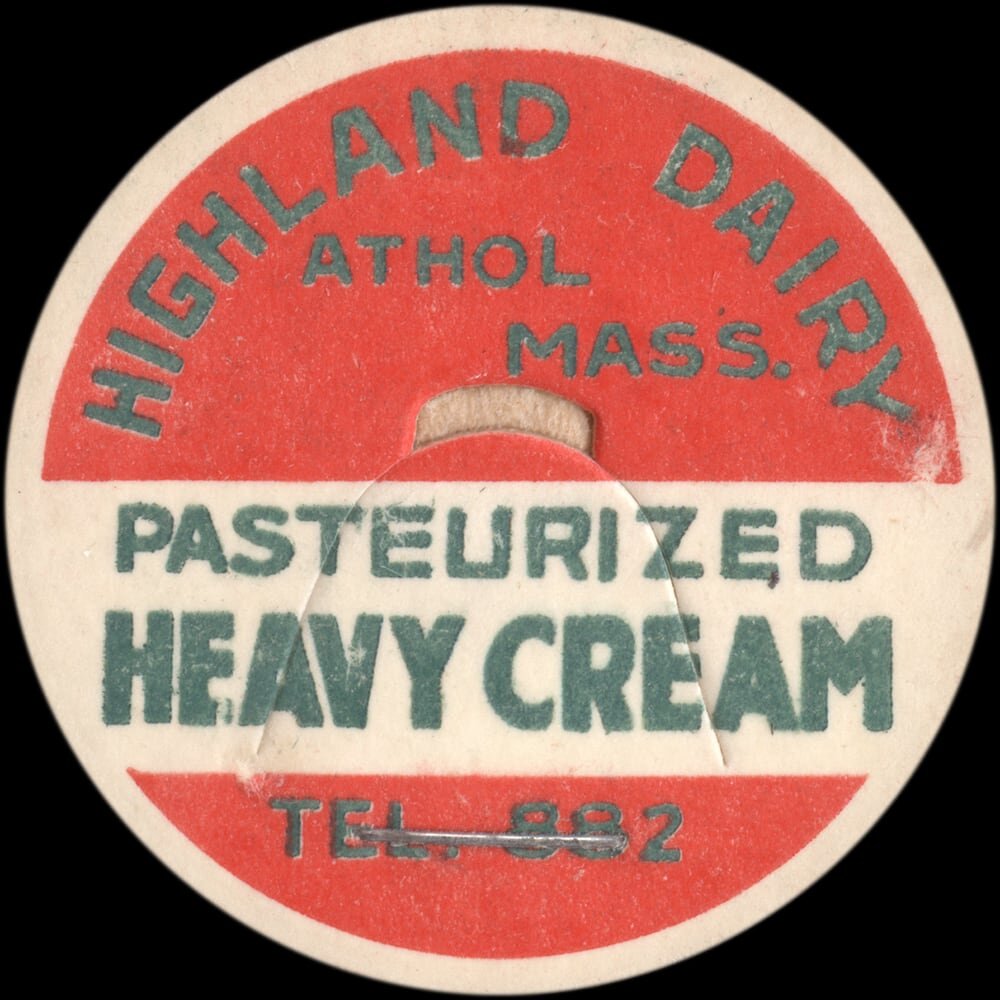 Highland Dairy pasteurized heavy cream cap from Athol, Massachusetts.