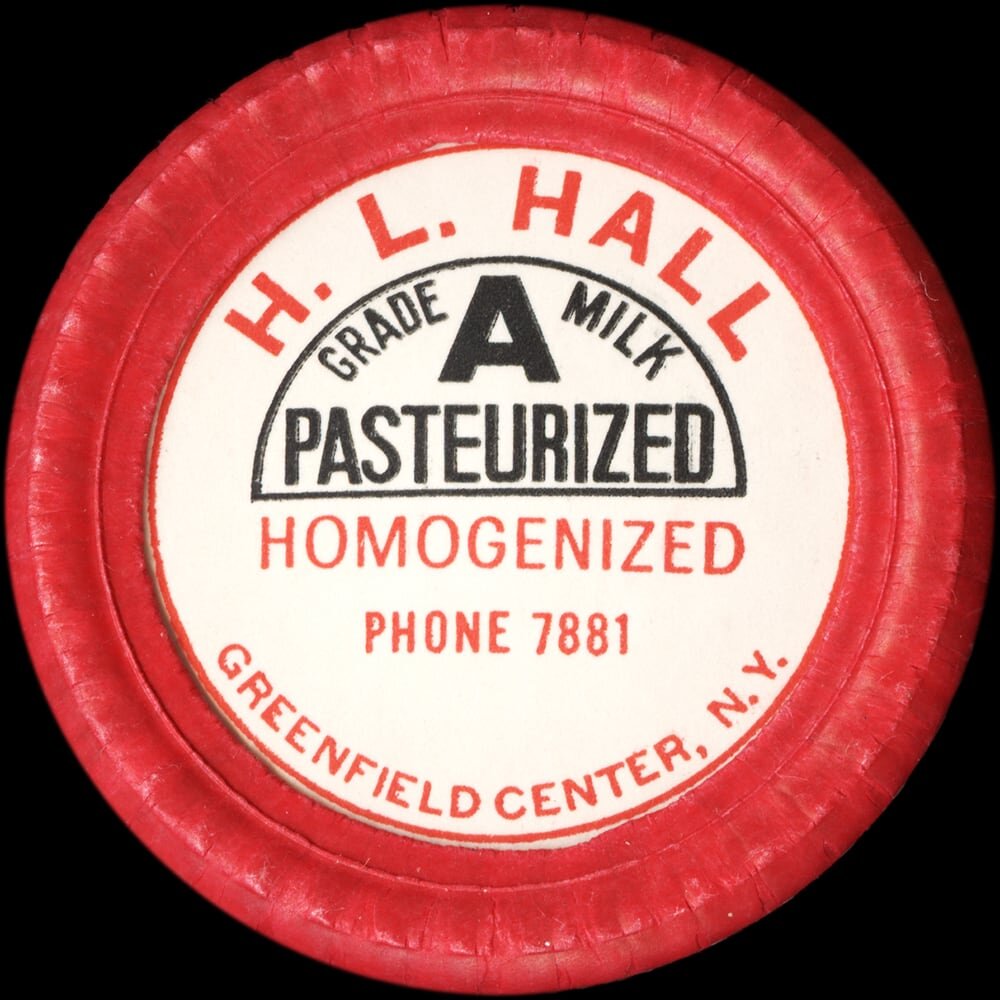 H. L. Hall Grade A homogenized milk cap from Greenfield Center, New York.