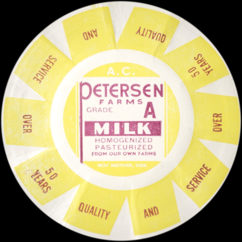 A. C. Petersen Farms Grade A milk cap from West Hartford, Connecticut.