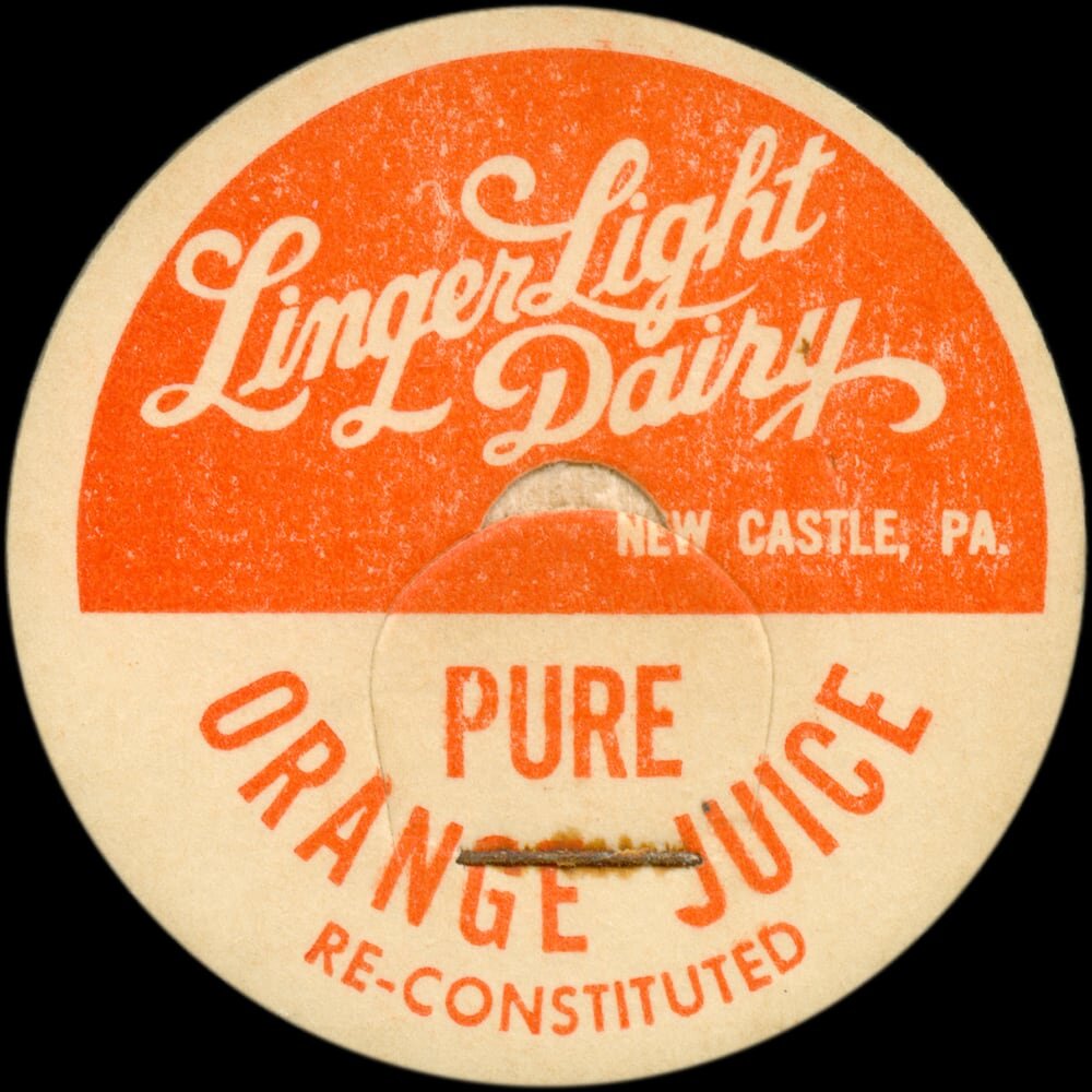 Lingerlight Dairy reconstituted orange juice cap from New Castle, Pennsylvania.