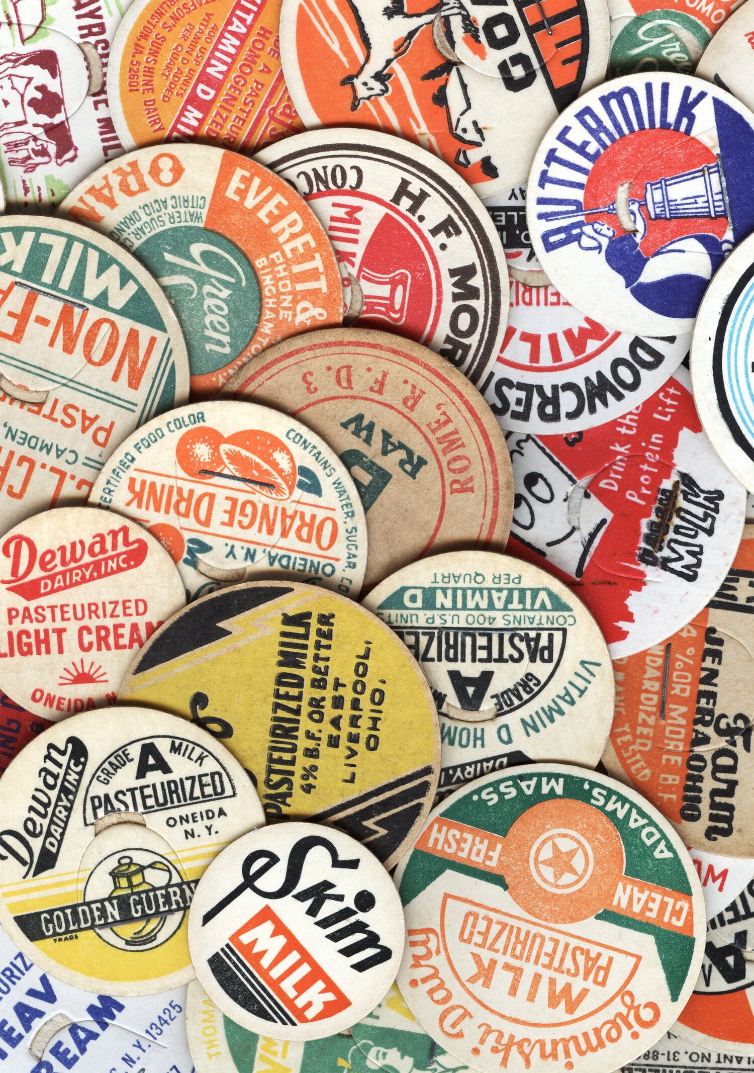 A collage of vintage milk caps from the Vernacular Circles archive.