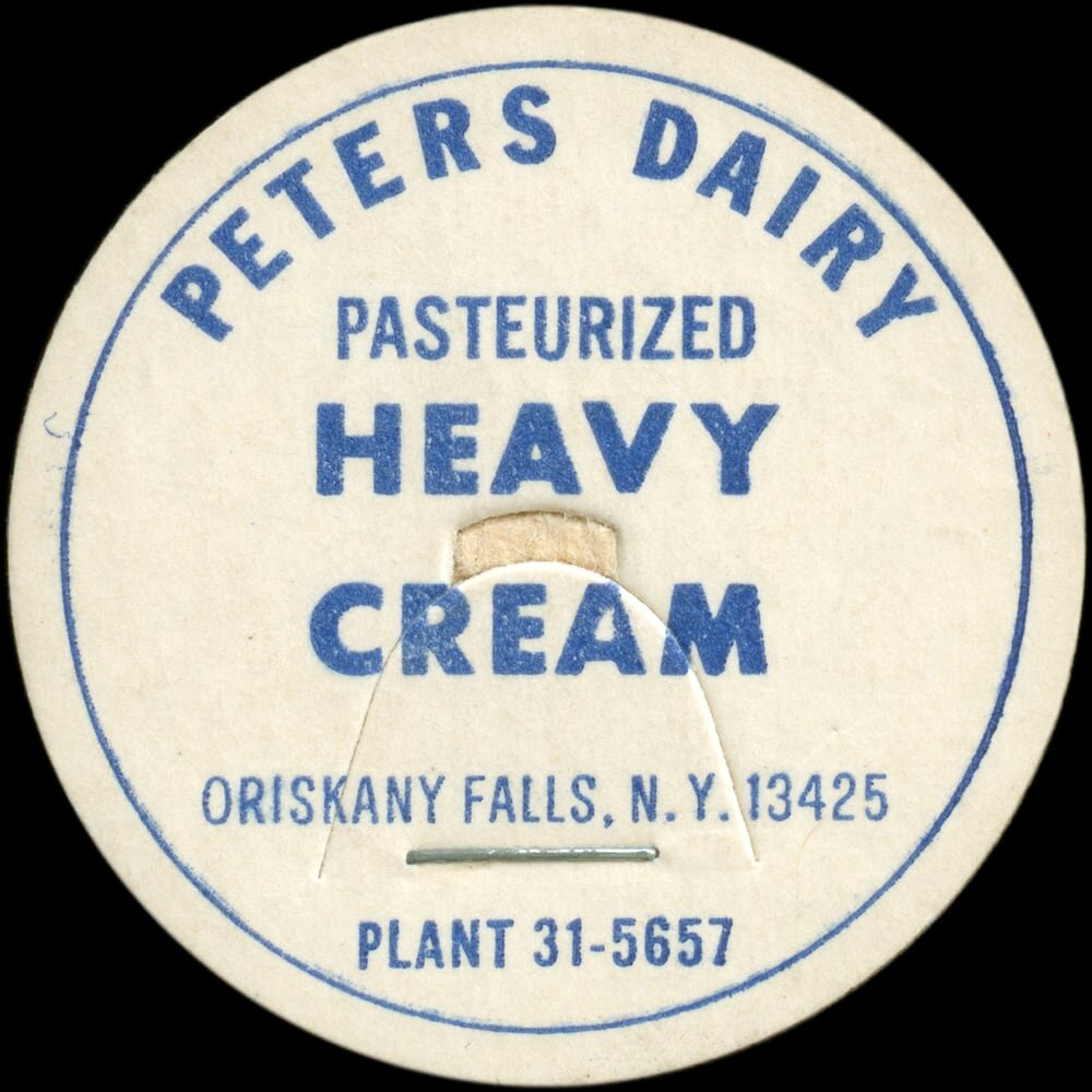 Peters Dairy pasteurized heavy cream cap from Oriskany Falls, New York.