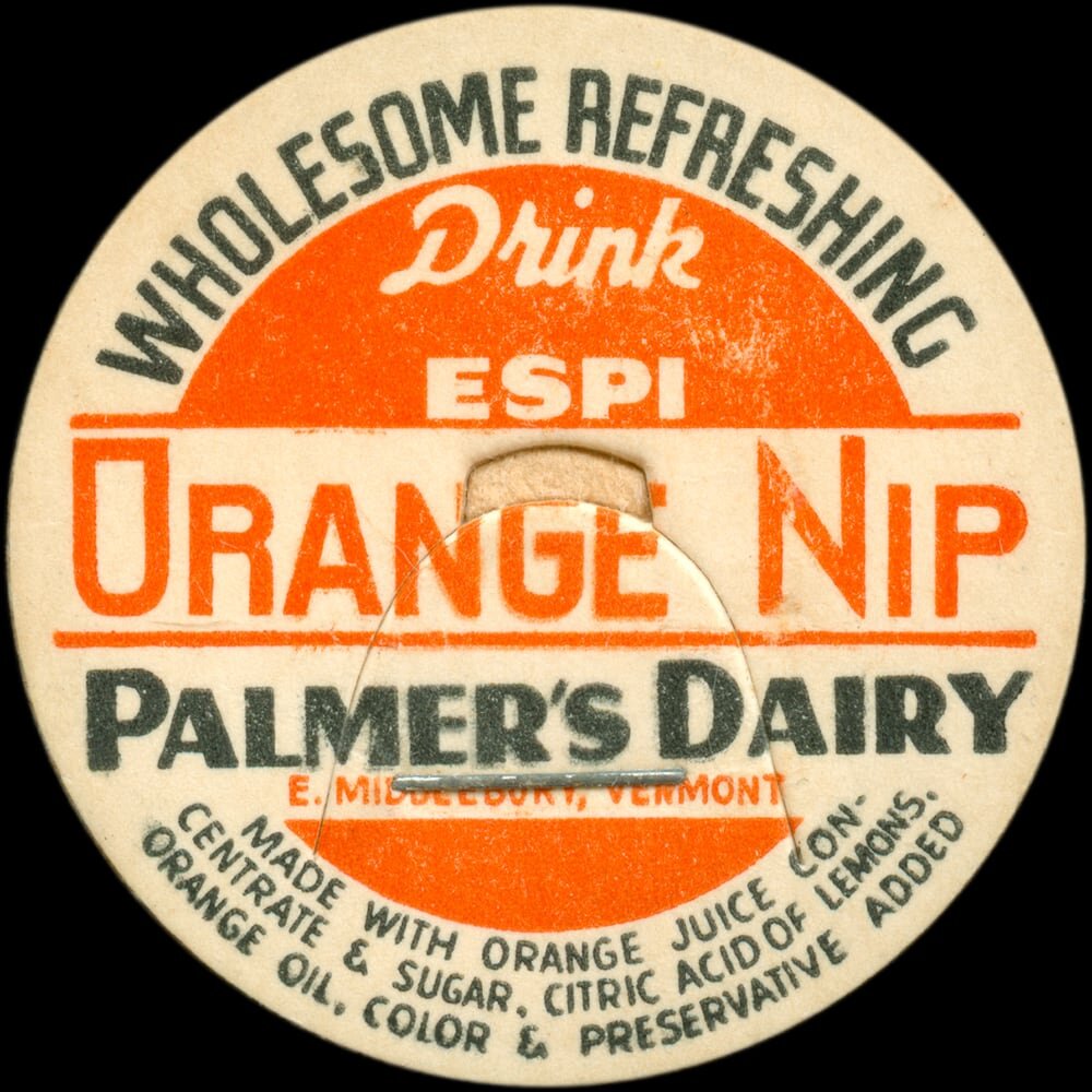 Palmer’s Dairy ESPI orange nip cap from Middlebury, Vermont.