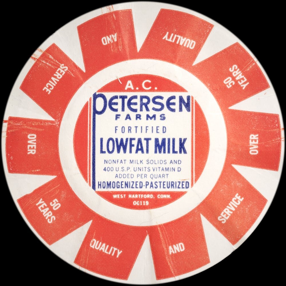 A. C. Petersen Farms fortified lowfat milk cap from West Hartford, Connecticut.