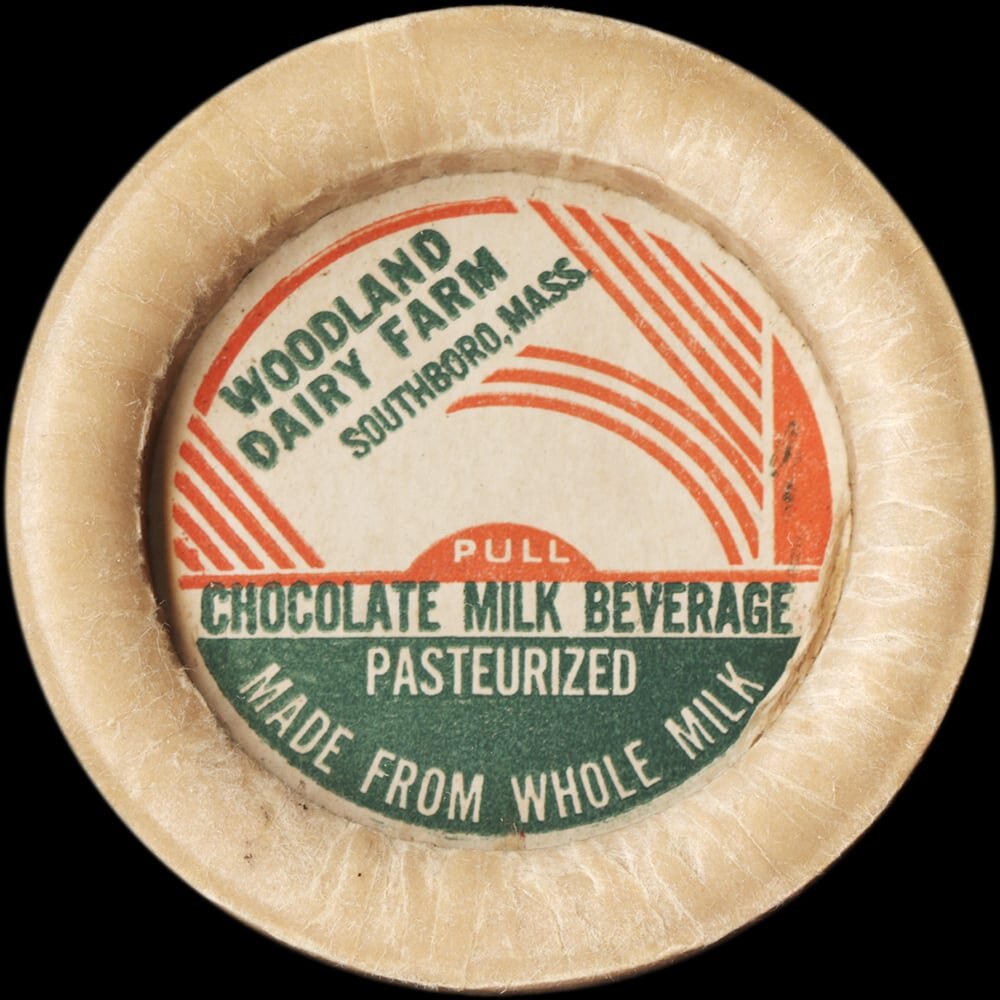 Woodland Dairy Farm chocolate milk beverage cap from Southboro, Massachusetts.