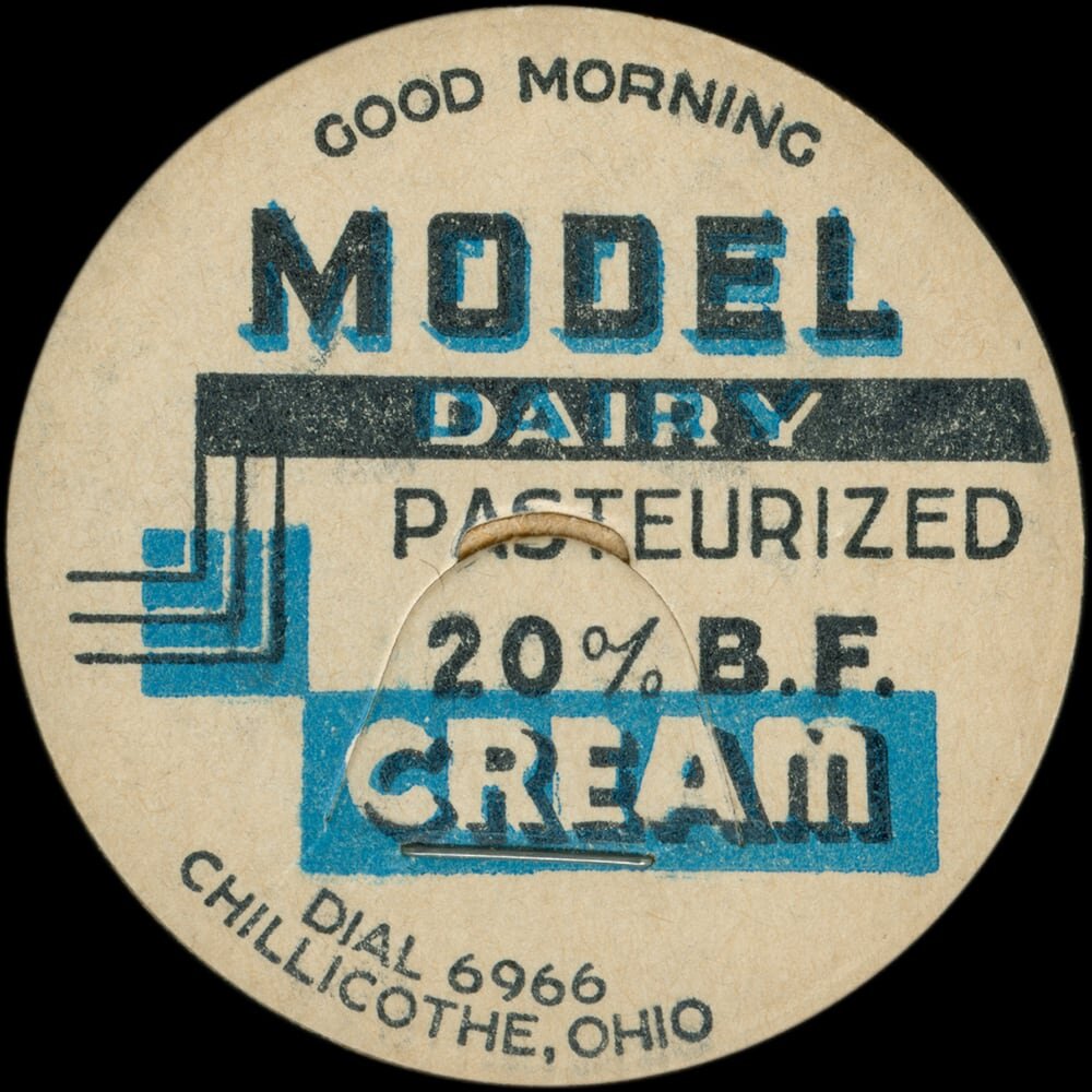 Model Dairy 20 percent butterfat cream cap from Chillicothe, Ohio.